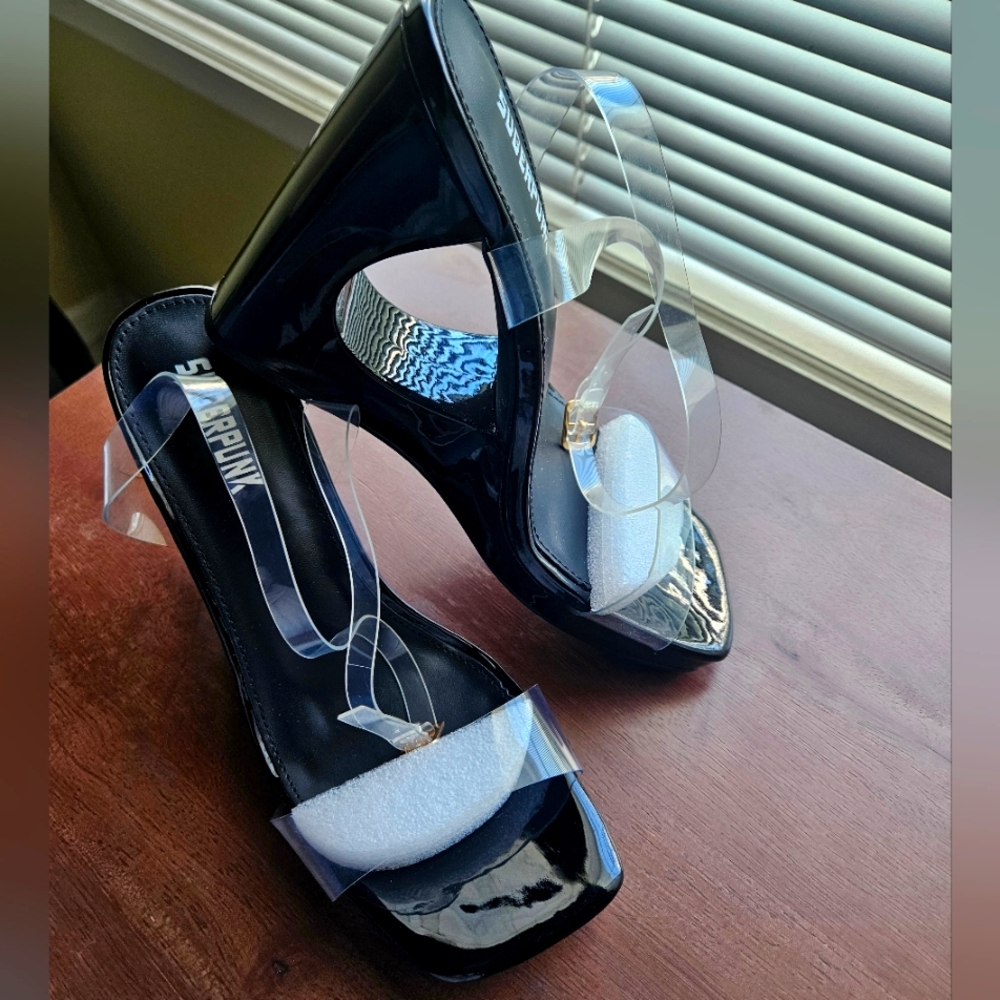 Sugerpunk Y2K European Style Square Toed Wedge Heeled Sandals Clear Blk 8.5